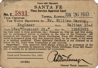 Santa Fe Time Service Approval Card, Form 1641 Standard, 1933