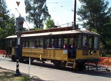 LARY Streetcar No. 665 stops at Alpine and Broadway at Orange Empire Railway Museum (Richard Boehle photo)